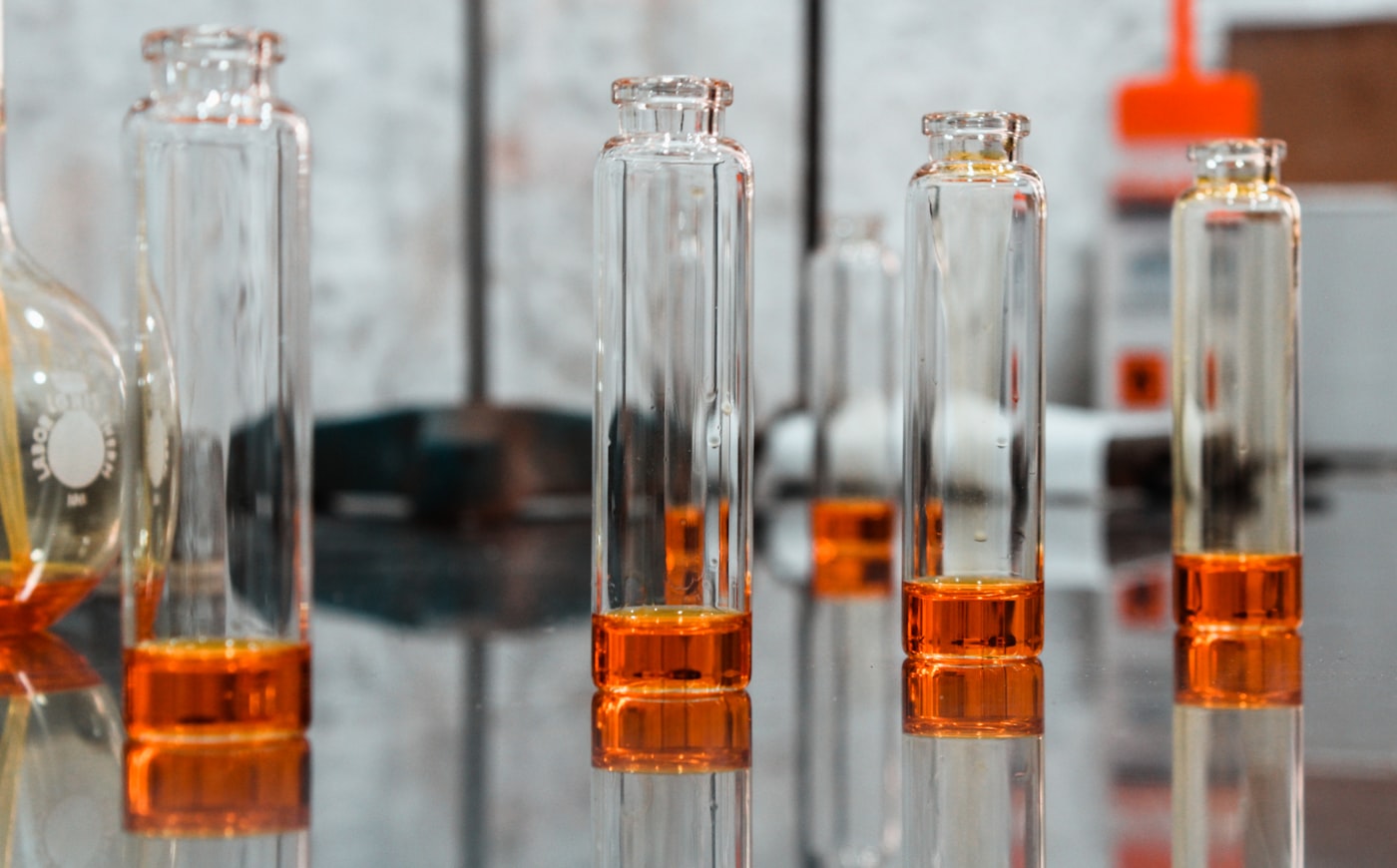 Laboratory sample vials on a bench